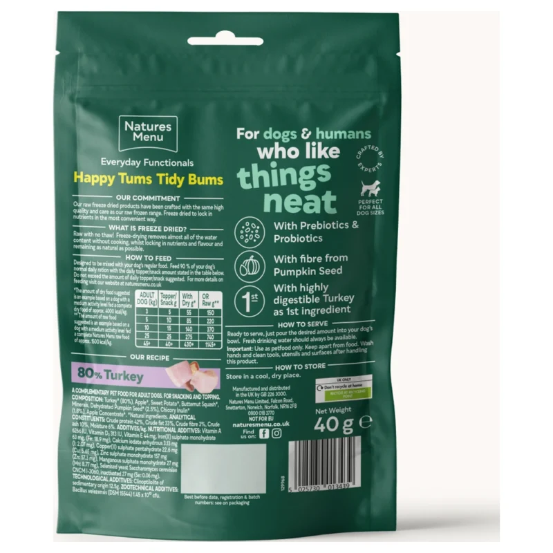 Natures Menu Happy Tums Tidy Bums Turkey Freeze Dried Dog Treats 40g Back