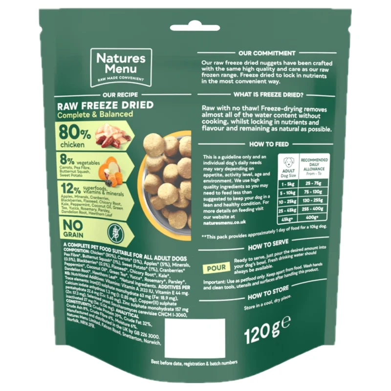 Natures Menu Raw Freeze Dried Chicken Complete Dog Food 120g Back
