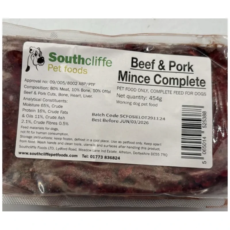southcliffe beef pork complete raw dog food 454g