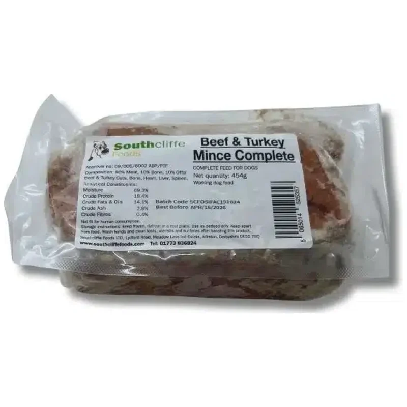 southcliffe beef turkey complete raw dog food 454g
