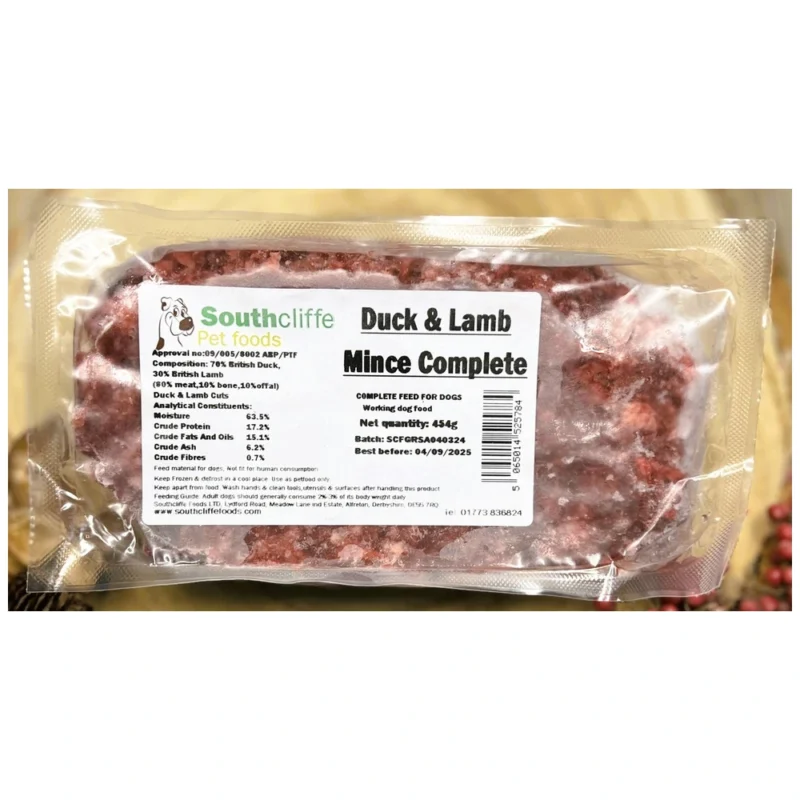 southcliffe duck lamb complete raw dog food 454g