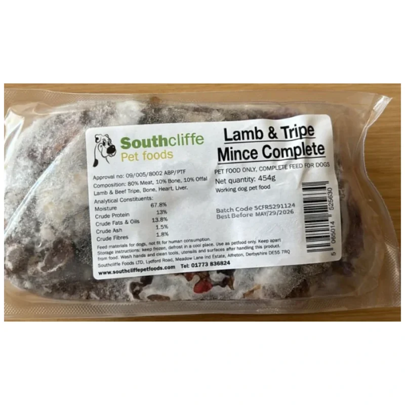 southcliffe lamb tripe complete raw dog food 454g