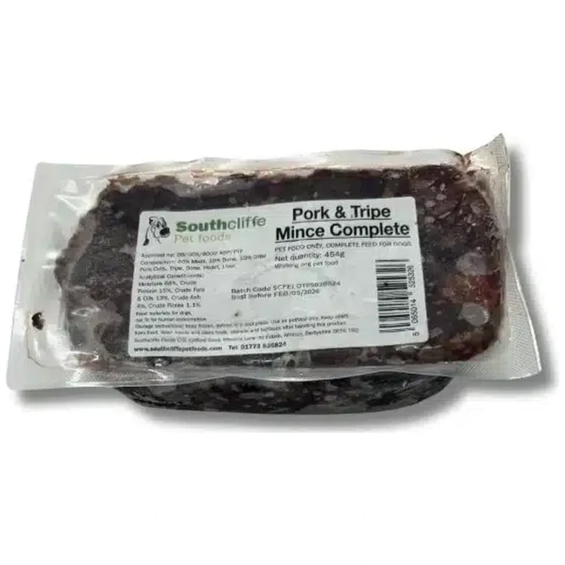 southcliffe pork tripe complete raw dog food 454g